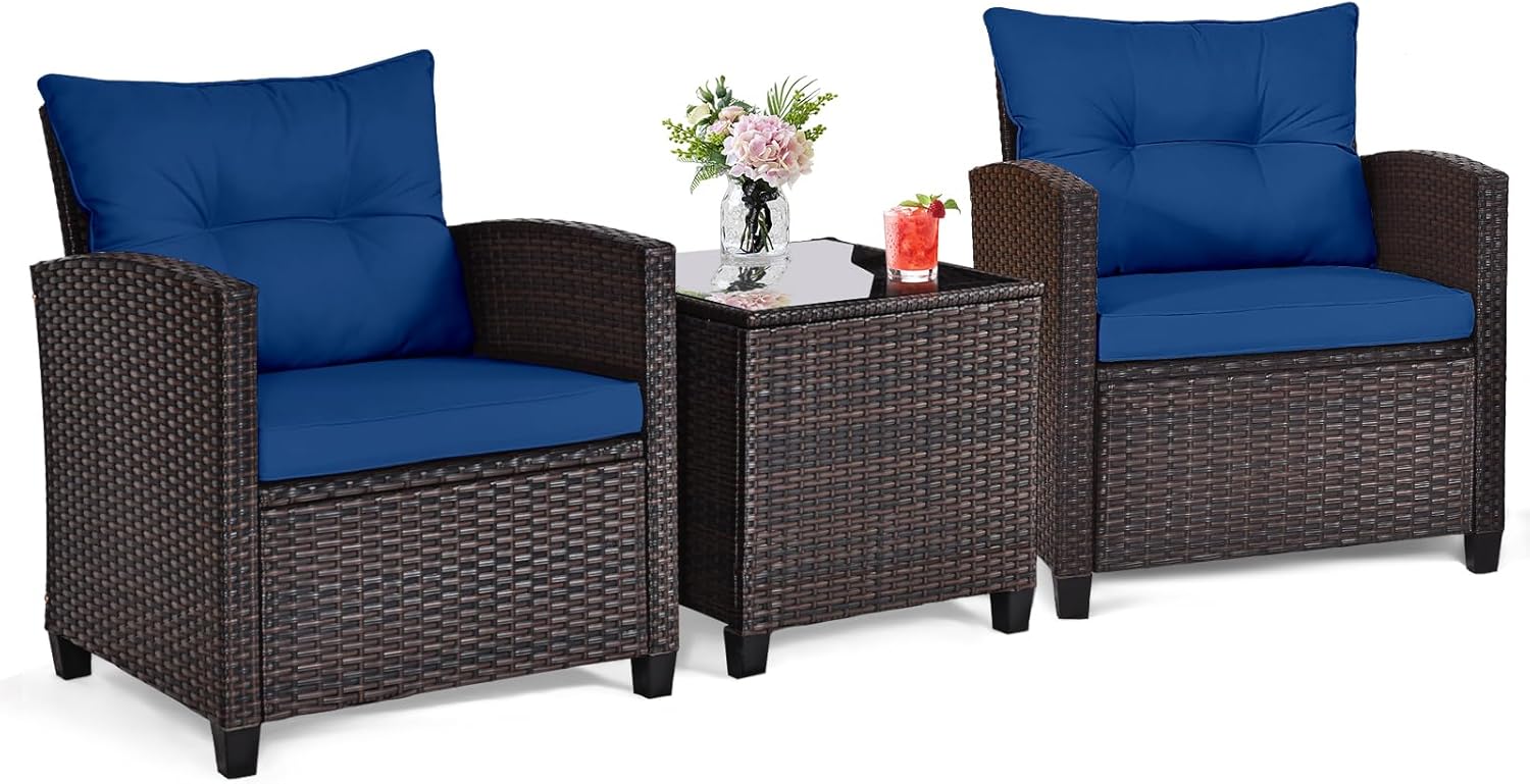 Outdoor Furniture Sofa - Lacivert rattan hasır 3 parçalı dış
